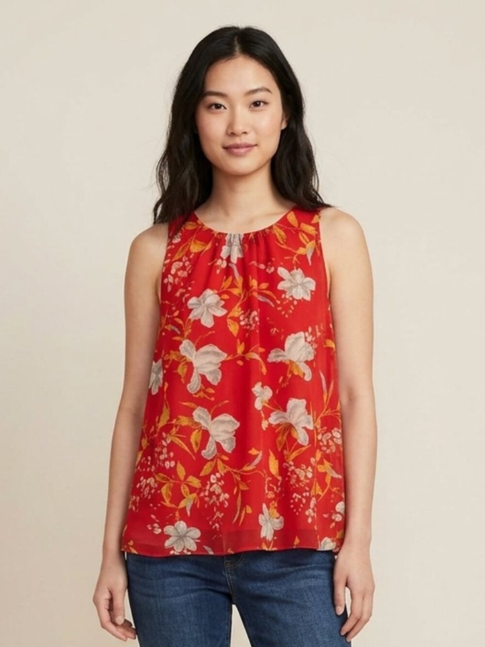 Philosophy Floral Red and Grey Sleeveless Swing Blouse